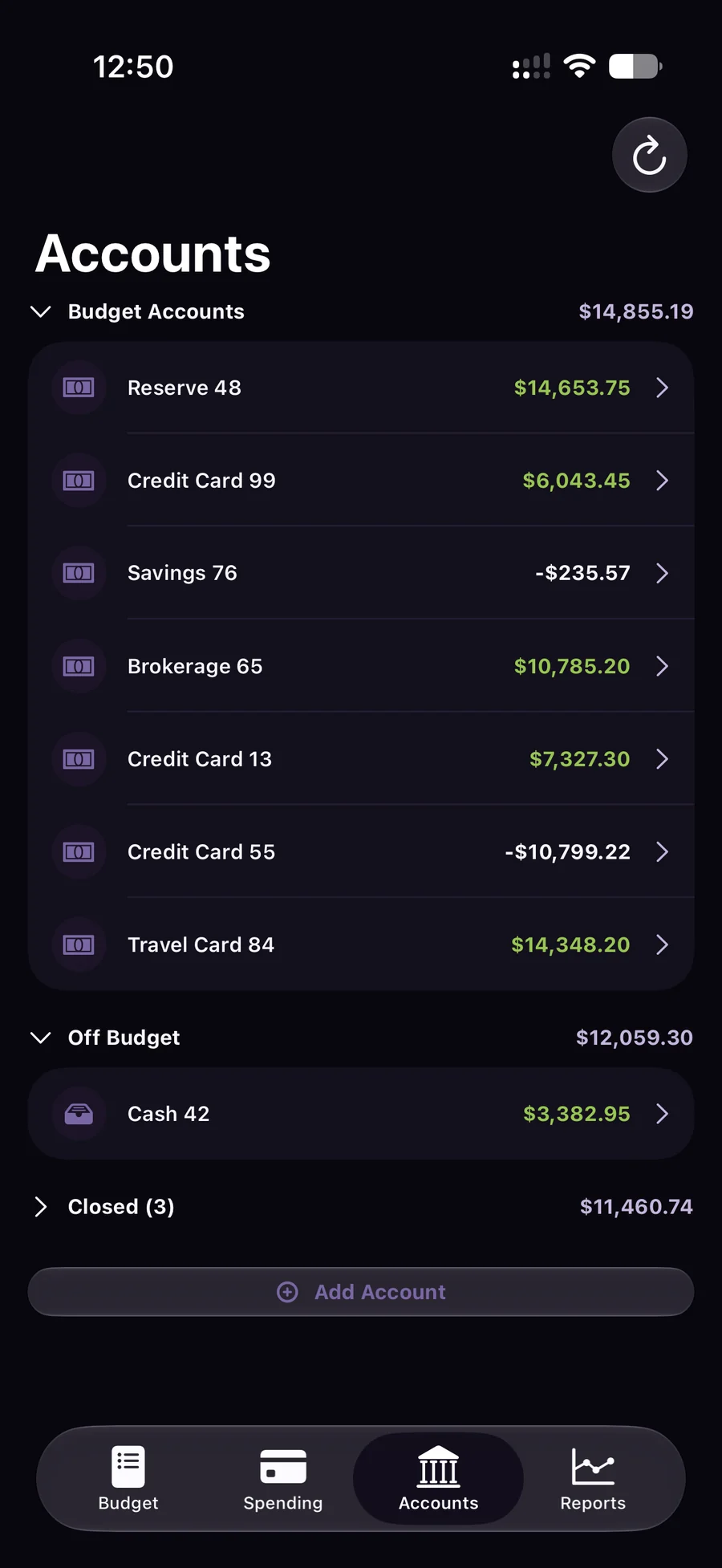 Accounts list showing on-budget, off-budget, and closed balances.