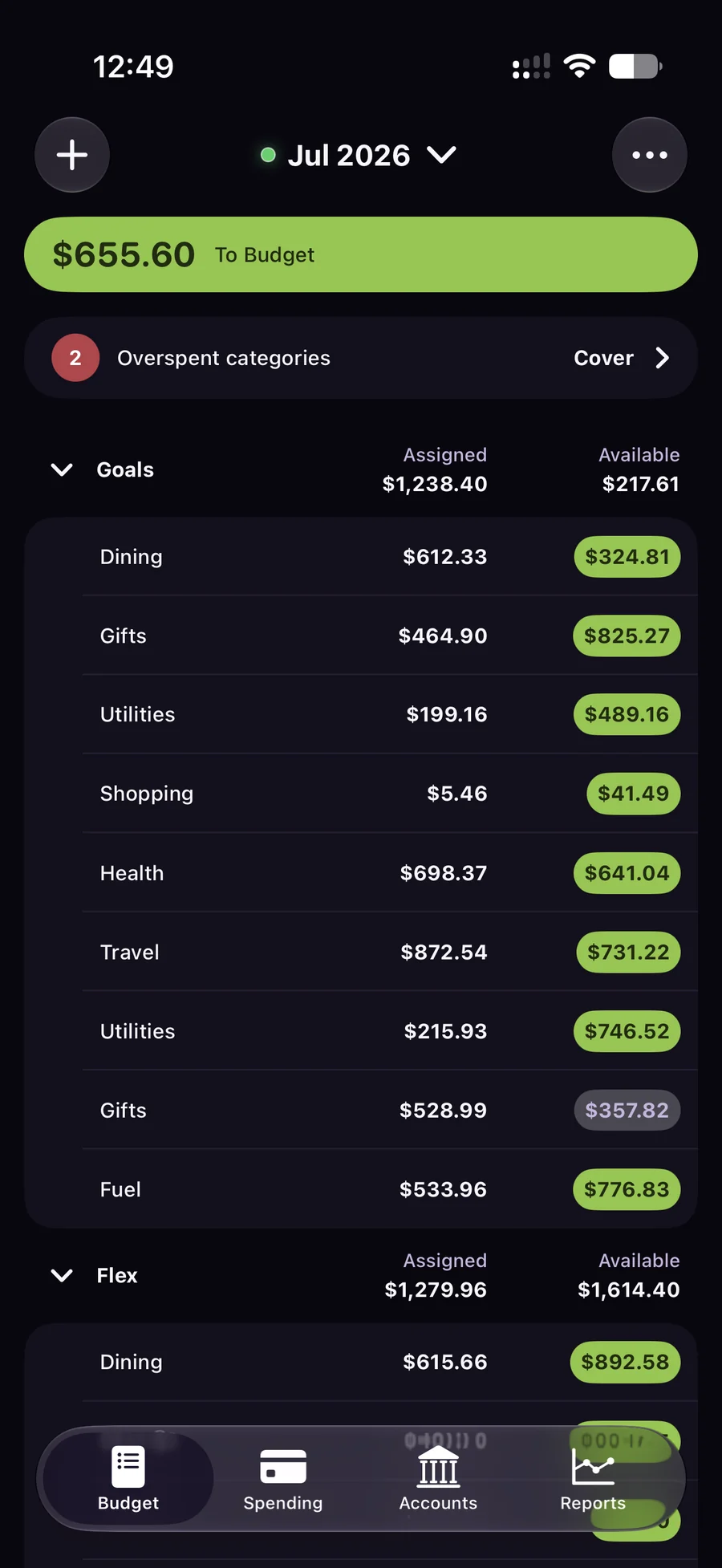 Monthly budget with To Budget, overspent categories, and envelope available amounts.