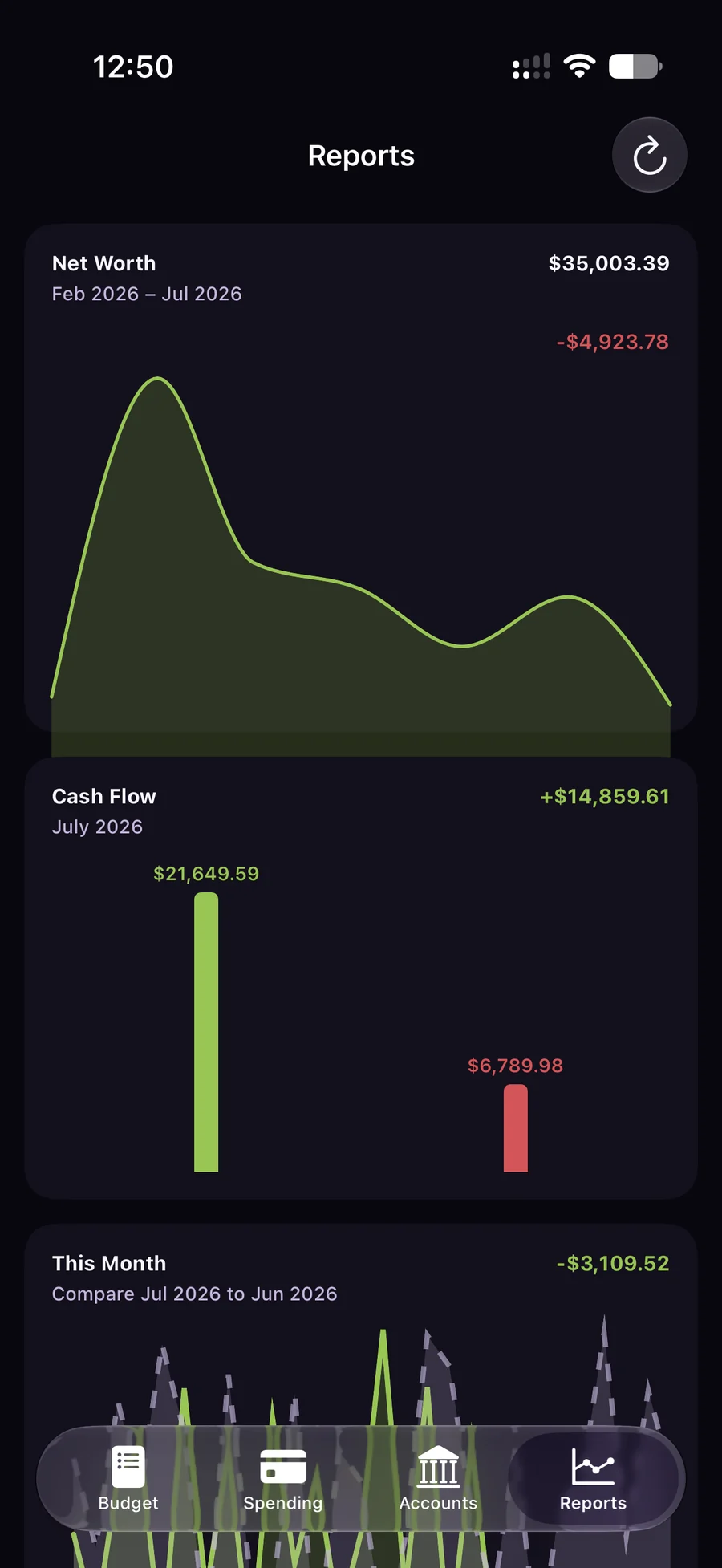 Reports dashboard with net worth, cash flow, and month comparison charts.