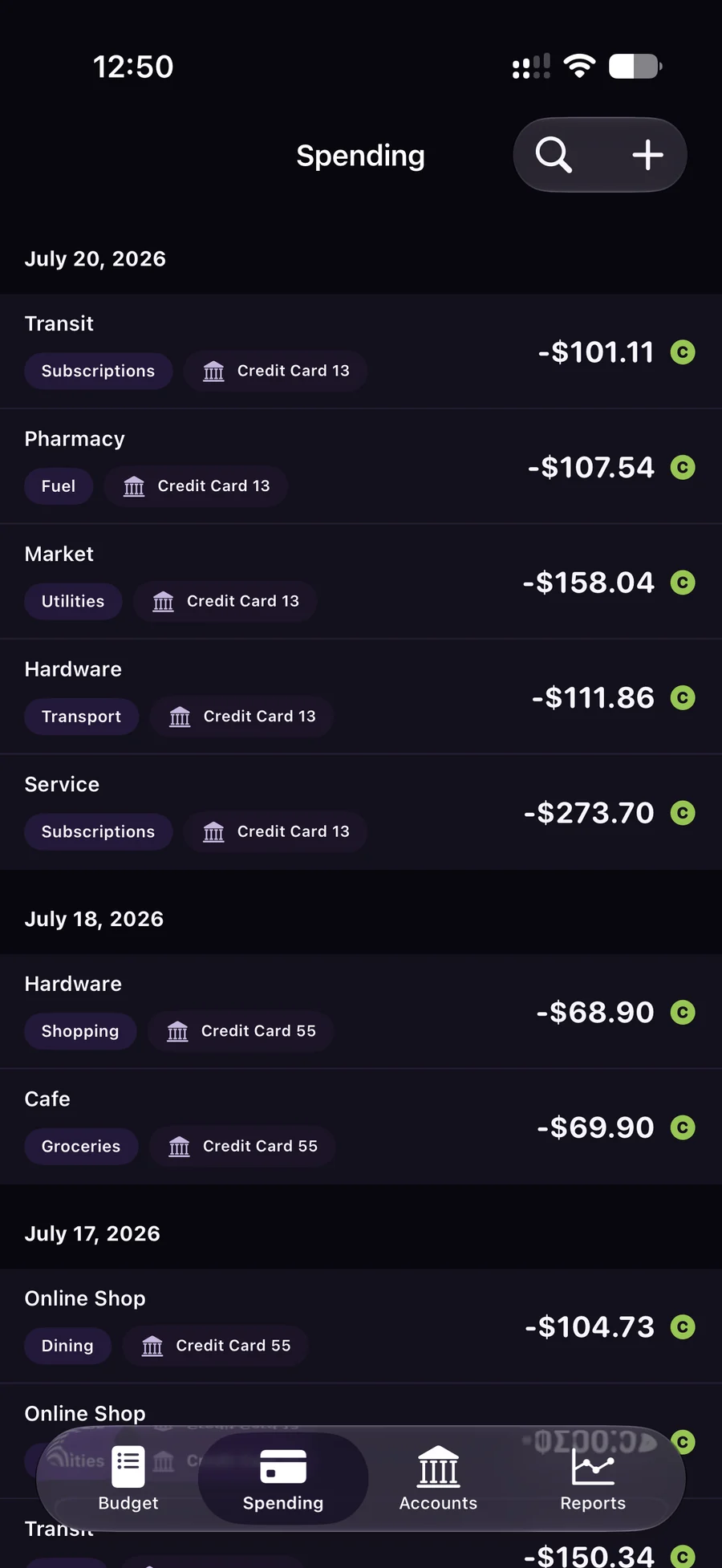 Spending feed of transactions grouped by day, with category and account chips.